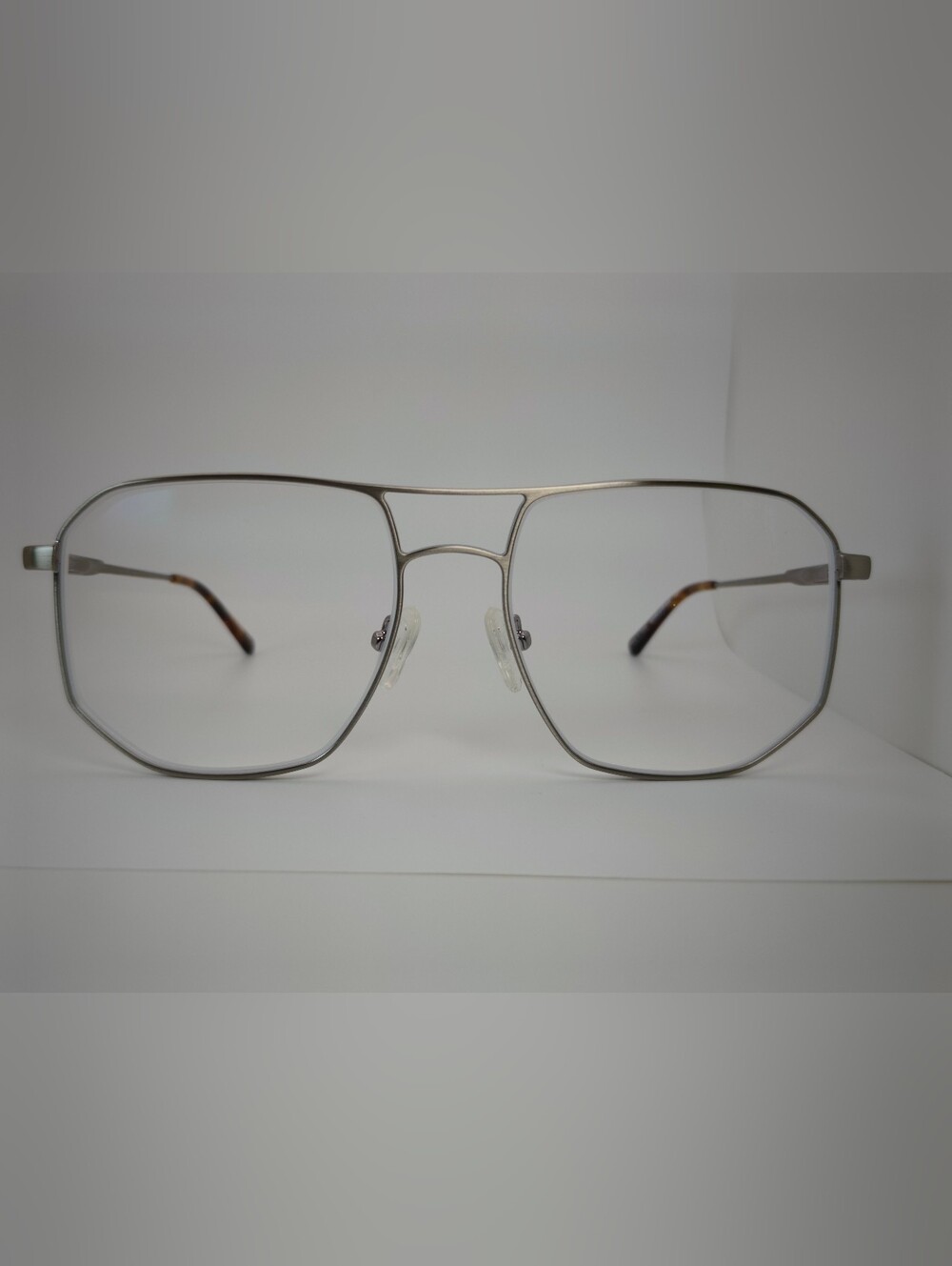 Carlo. Aviator-Style Silver Metal Frame Glasses. Big. Shiny Chrome/ Brushed